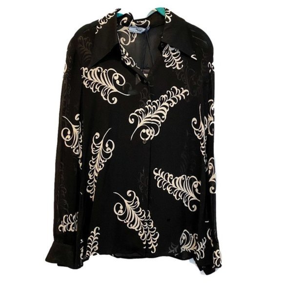 Prada Feather black and white print sheer crepe shirt $1400 - Picture 3 of 11